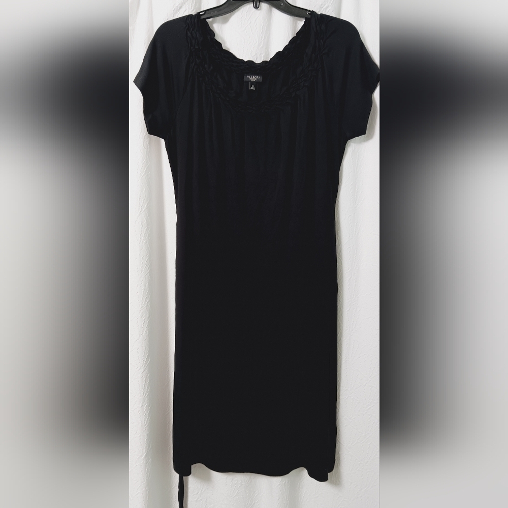 Talbots Medium Petite MP Black Jersey Knit Dress Braided Neck With Belt